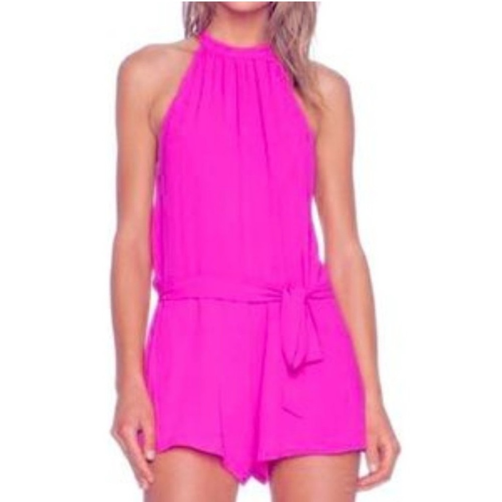 Anthropologie SAYLOR Hot Pink Halter Style Tie Waist Slit Back Romper